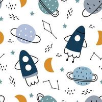 Space background for kids rocket and stars seamless pattern design in cartoon style Used for prints, wallpaper, decorations, textiles, vector illustrations.