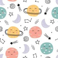 Space background for kids Planet sky seamless pattern design in cartoon style. Use for prints, wallpaper, decorations, textiles, vector illustrations.