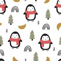 Christmas Seamless pattern with penguins on a white background. Hand drawn design in cartoon style. Use for prints, celebration wallpapers, fabrics, textiles, vector illustrations.