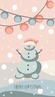 christmas greeting card cute hand drawn style and trendy matching pastel colors. christmas tree and snowman with gift box on snowdrift with garland and snow flakes vector