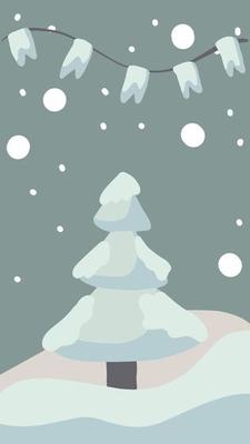 christmas greeting card cute hand drawn style and trendy matching pastel colors. christmas tree and snowman with gift box on snowdrift with garland and snow flakes