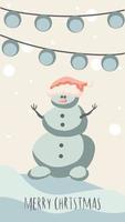 christmas greeting card cute hand drawn style and trendy matching pastel colors. christmas tree and snowman with gift box on snowdrift with garland and snow flakes vector