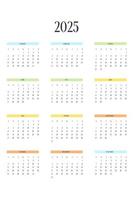 Plantilla de calendario 2025 en estilo estricto clásico con elementos multicolores. Calendario Mensual Calendario Individual Minimalismo Diseño Restringido Para Cuaderno De Negocios. la semana comienza el domingo vector