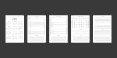 Calendario 2025 y plantilla de diario de planificador personal mensual semanal diario en estilo estricto clásico. Diseño restringido de minimalismo de horario individual para portátil de negocios. la semana comienza el domingo vector