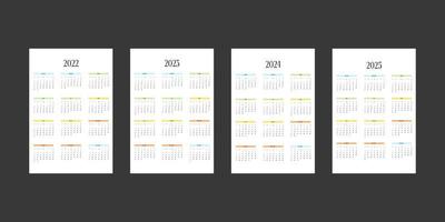 2022 2023 2024 2025 calendar template in classic strict style with multicolor elements. Monthly calendar individual schedule minimalism restrained design for business notebook. Week starts on sunday vector