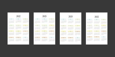 Plantilla de calendario 2022 2023 2024 2025 en estilo estricto clásico con elementos multicolores. Calendario Mensual Calendario Individual Minimalismo Diseño Restringido Para Cuaderno De Negocios. la semana comienza el domingo vector