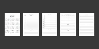 Calendario 2025 y plantilla de diario planificador mensual semanal diario en estilo estricto clásico. Calendario Mensual Calendario Individual Minimalismo Diseño Restringido Para Cuaderno De Negocios. la semana comienza el domingo vector