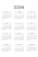 Plantilla de calendario 2024 en estilo clásico estricto con tipo de letra escrita. Calendario Mensual Calendario Individual Minimalismo Diseño Restringido Para Cuaderno De Negocios. la semana comienza el domingo vector