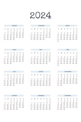 2024 calendar template in classic strict style with type written font. Monthly calendar individual schedule minimalism restrained design for business notebook. Week starts on sunday