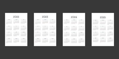 Plantilla de calendario 2022 2023 2024 2025 en estilo estricto clásico con tipo de letra escrita. Calendario Mensual Calendario Individual Minimalismo Diseño Restringido Para Cuaderno De Negocios. la semana comienza el domingo vector