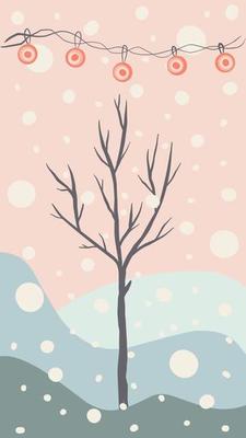 christmas greeting card cute hand drawn style and trendy matching pastel colors. christmas tree and snowman with gift box on snowdrift with garland and snow flakes