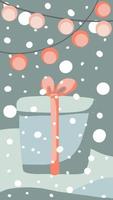 christmas greeting card cute hand drawn style and trendy matching pastel colors. christmas tree and snowman with gift box on snowdrift with garland and snow flakes vector