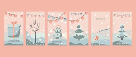 tarjeta de felicitación navideña estilo lindo dibujado a mano y colores pastel a juego de moda. árbol de navidad y muñeco de nieve con caja de regalo en ventisquero con guirnaldas y copos de nieve vector