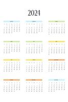 Plantilla de calendario 2024 en estilo estricto clásico con elementos multicolores. Calendario Mensual Calendario Individual Minimalismo Diseño Restringido Para Cuaderno De Negocios. la semana comienza el domingo vector