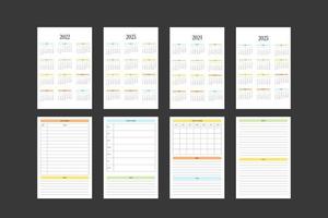 2022 2023 2024 2025 calendario y plantilla de diario de planificador personal mensual semanal diario en estilo estricto clásico. Diseño de minimalismo de calendario mensual para portátiles de negocios. la semana comienza el domingo vector