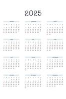 2025 calendar template in classic strict style with type written font. Monthly calendar individual schedule minimalism restrained design for business notebook. Week starts on sunday vector