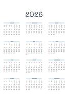 Plantilla de calendario 2026 en estilo clásico estricto con tipo de letra escrita. Calendario Mensual Calendario Individual Minimalismo Diseño Restringido Para Cuaderno De Negocios. la semana comienza el domingo vector