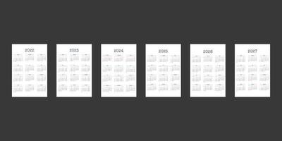 2022 2023 2024 2025 2026 2027 calendar template in classic strict style with type written font. Monthly calendar individual schedule minimalism restrained design vector