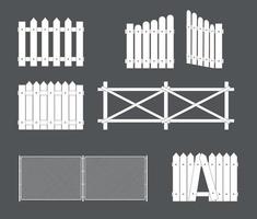 Silhouettes of various types of fence, gate of wood, metal. Vector Illustration