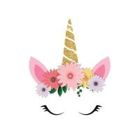 linda cabeza de unicornio y ojos con flor. ilustración vectorial