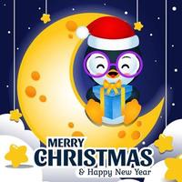 Happy Penguin Sitting On The Moon And Holding Christmas Gift With Merry Christmas And New Year