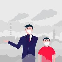 Confused man and kid in masks against smog. Fine dust, air pollution, industrial smog protection concept flat style design vector illustration. Industrial plant pipes with huge clouds of smoke behind