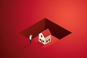 Businesswoman watching a house sunk in the gap. vector