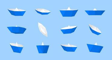 Origami paper boat collection with different views and angles vector