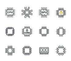 Chipset, cpu line icons, microchip, 8 core processor, microcircuit vector