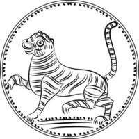 Tiger drew in Ganjfa style. Ganjifa is a traditional game of cards that has over a period of time, evolved into an art form. folk art from Maharashtra, India textile printing, logo, wallpaper vector