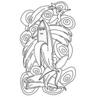 Cute smiling banana between circular patterns and silhouettes of bananas, tropical fruit coloring page vector