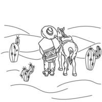 Rider and horse in the desert among cacti, rear view of cowboy and horse, wild southwest desert coloring page vector