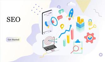 Landing page of SEO Search Engine Optimization modern flat design isometric template. Conceptual SEO analysis and optimization, SEO strategies and marketing concept vector illustration for web site.