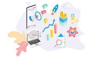 Landing page of SEO Search Engine Optimization modern flat design isometric template. Conceptual SEO analysis and optimization, SEO strategies and marketing concept vector illustration for web site.
