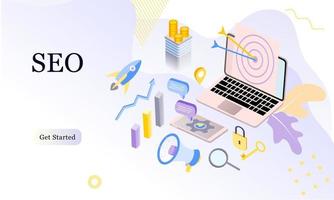 Landing page of SEO Search Engine Optimization modern flat design isometric template. Conceptual SEO analysis and optimization, SEO strategies and marketing concept vector illustration for web site.