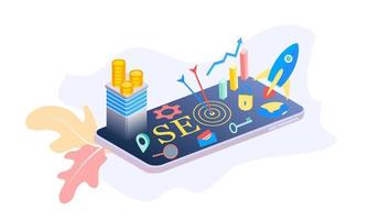 Landing page of SEO Search Engine Optimization modern flat design isometric template. Conceptual SEO analysis and optimization, SEO strategies and marketing concept vector illustration for web site.