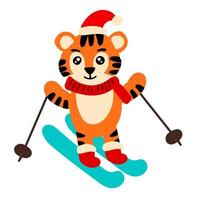 Cute tiger skiing. New year illustration for kids vector