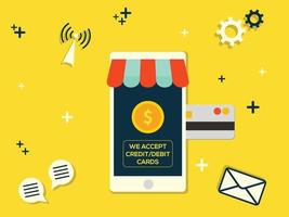 Mobile store with notification we accept credit and debit card concept vector illustration