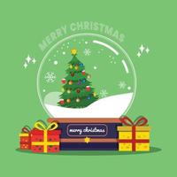 Feliz navidad saludos concepto de elementos decorativos y árbol de navidad en cúpula de vidrio objeto de regalo ilustración vectorial vector