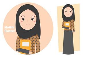 maestra musulmana en hijab con una linda ilustración de personaje de dibujos animados con traje de batik y libro para pancarta de saludo del día del maestro, póster, publicación en las redes sociales. vector