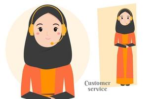 Mujer musulmana de servicio al cliente con ilustración de mujer musulmana con hijab con personajes lindos para carteles y elementos adhesivos de banner vector