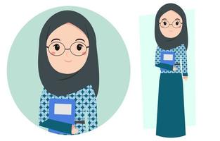 maestra musulmana en hijab con una linda ilustración de personaje de dibujos animados con traje de batik y libro para pancarta de saludo del día del maestro, póster, publicación en las redes sociales. vector