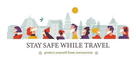 Stay safe while traveling. Vector poster encouraging people to wear masks.