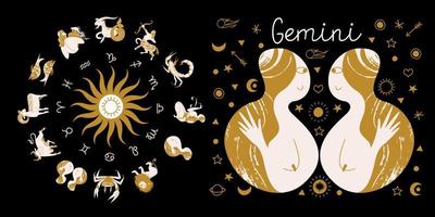 Zodiac sign Gemini. Horoscope and astrology. Full horoscope in the circle. Horoscope wheel zodiac with twelve signs vector.
