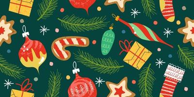 Seamless Christmas pattern. The Christmas tree is decorated with vintage toys. Vector illustration.