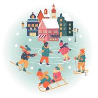 Snowy day in cozy christmas town. Winter christmas village day landscape. Children play outside in winter. Vector illustration, greeting card.