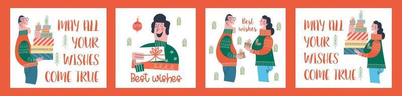 un conjunto de divertidas ilustraciones vectoriales de felicitación navideña y año nuevo. vector