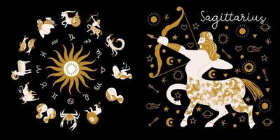 Zodiac sign Sagittarius. Horoscope and astrology. Full horoscope in the circle. Horoscope wheel zodiac with twelve signs vector. vector