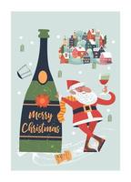 Santa and a huge bottle of champagne. A small cozy snow covered town. New year and Christmas. Vector christmas card