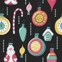 Christmas seamless pattern with Christmas decorations on a black background. vector